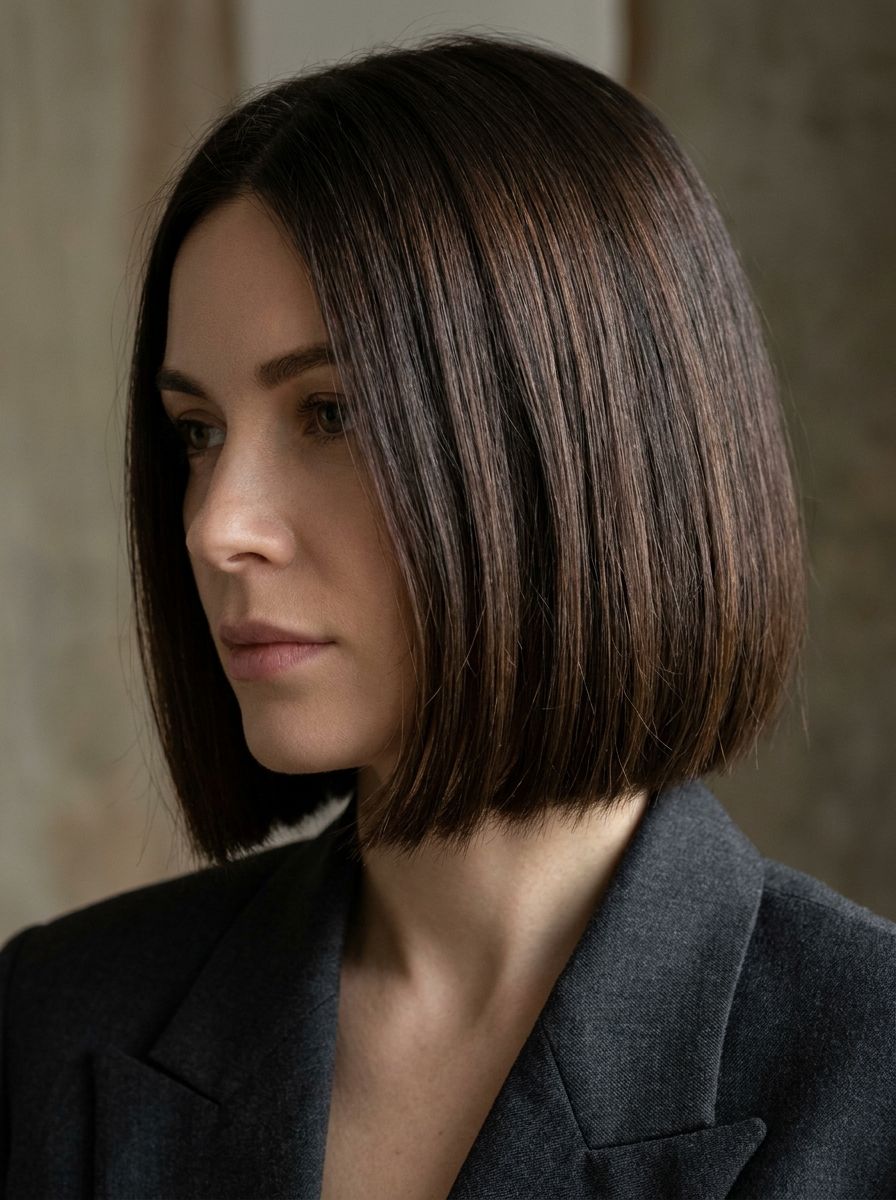 Espresso Bob mit glänzendem Finish - Haarfarben Ideen für kurze Haare